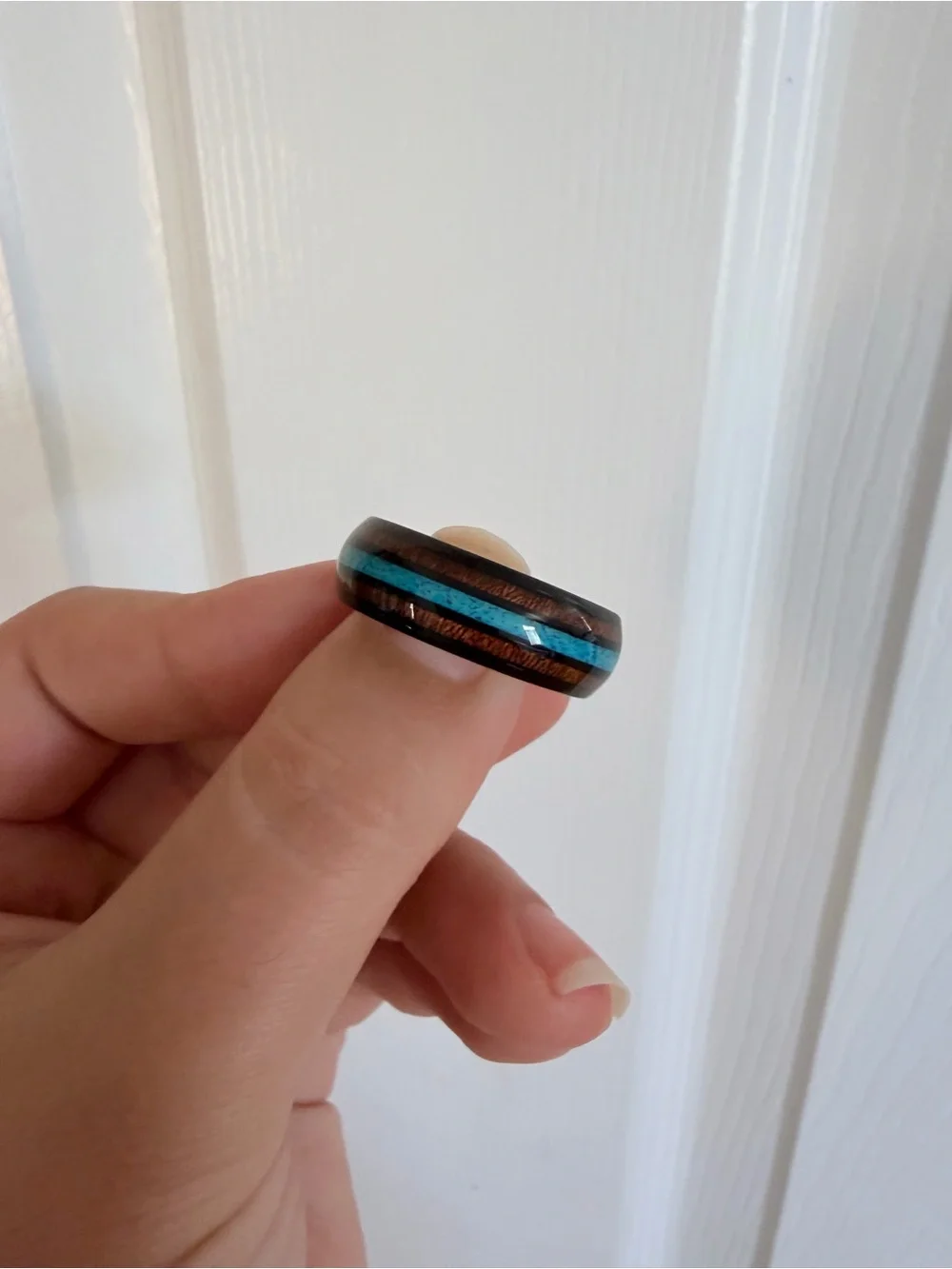 Turquoise Inlay Wood Band Ring - Men’s Jewelry Size 12